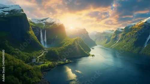 reality photo Beautiful summer sunset in the fjord canyon Sunnylvsfjorden, location of the village of Geiranger, western Norway, a very stunning view photo