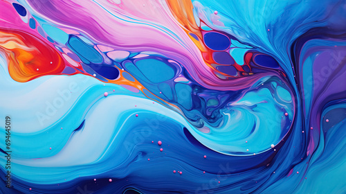 Vivid fluid art composition featuring swirling patterns of blue, purple, and orange hues.