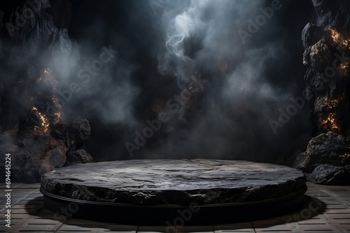 Generative AI : Empty black marble table podium with black stone floor in dark room with smoke.