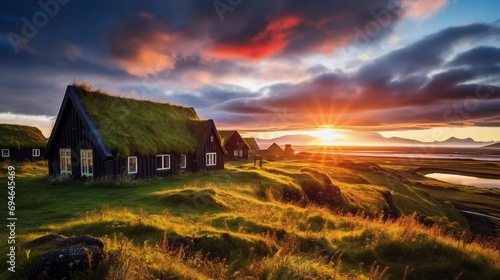 photo reality Typical view of houses on the grass in the Icelandic countryside. very beautiful scenery
