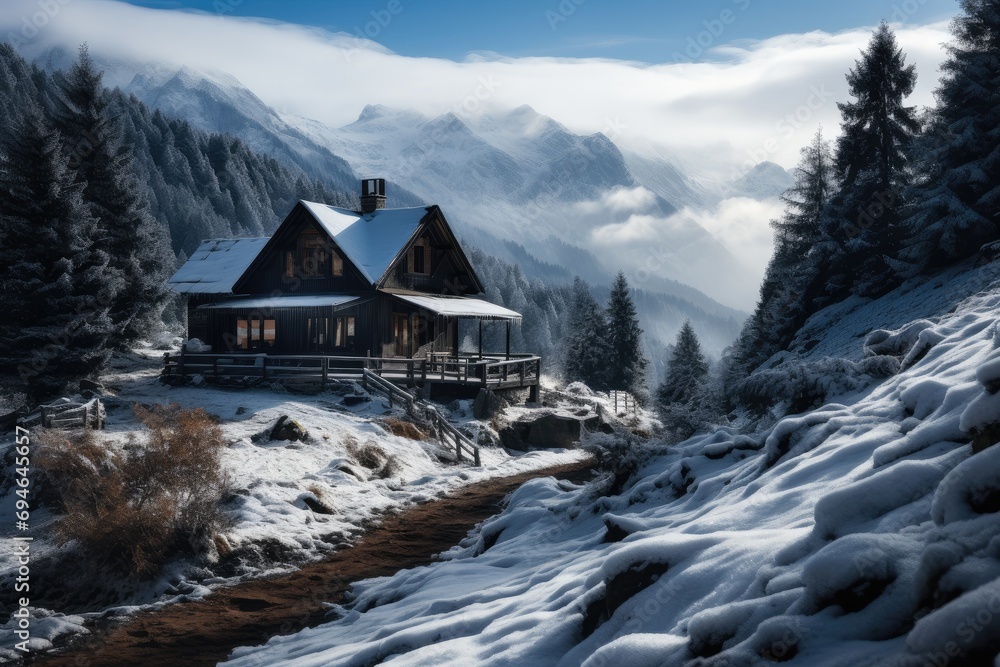 A very old mountain cabin in snowy mountains. Generative AI.