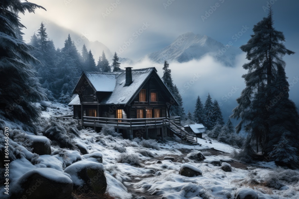 A very old mountain cabin in snowy mountains. Generative AI. A very old mountain cabin in snowy mountains. Generative AI.