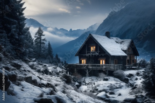 A very old mountain cabin in snowy mountains. Generative AI. © visoot