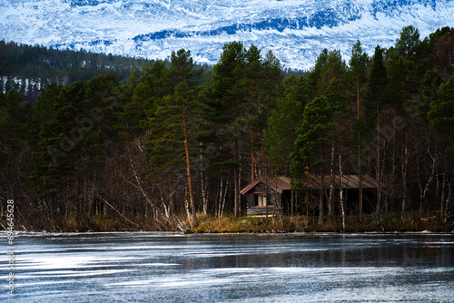 Drewniany dom w lesie, nad zamarzniętym jeziorem w Norwegii