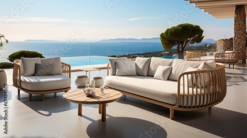 Outdoor furniture with outdoor sofa, Sea view. Generative AI.