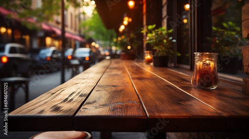 Generative AI : Empty wooden table space platform and blurred resturant or coffee shop background