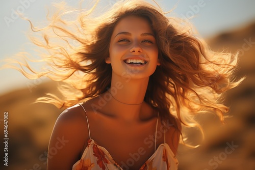 Smiling woman in summer laughing against sunlight. Generative AI.