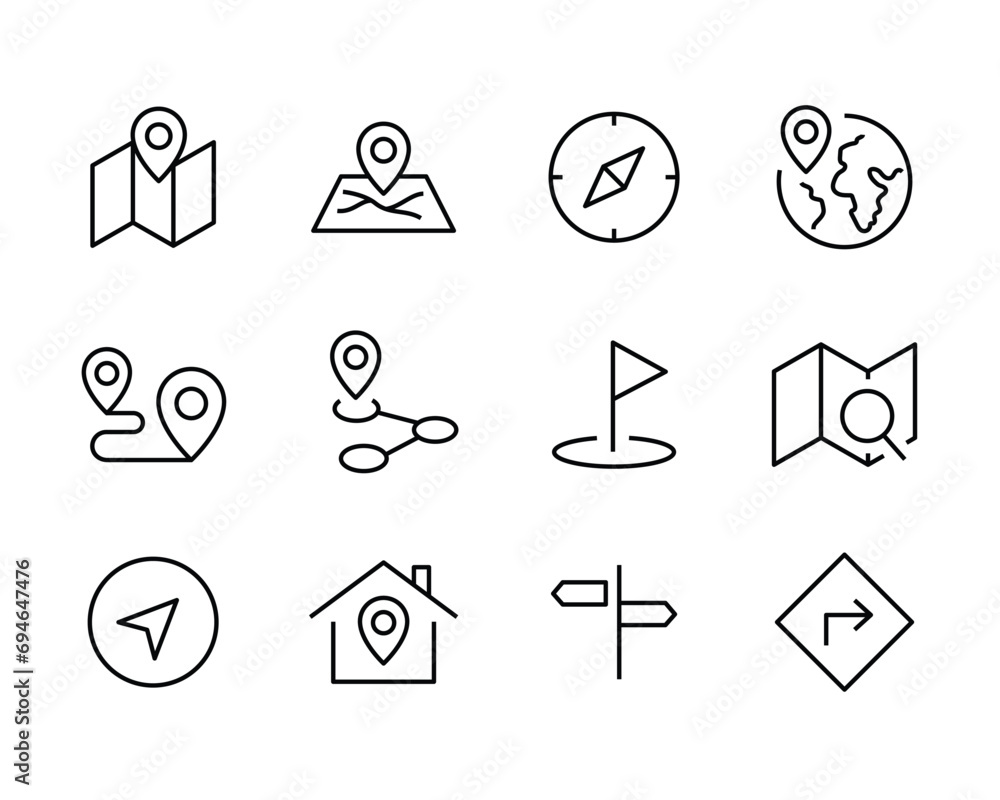 Location, map pin, gps, destination, directions, distance, place, navigation address Route, Navigator line icons set, editable stroke isolated