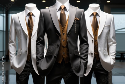 Men shirt in form of suits on mannequin in tailoring room, Luxury banner for an expensive men's clothing. Generative AI. photo