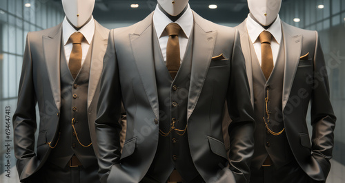 Men shirt in form of suits on mannequin in tailoring room, Luxury banner for an expensive men's clothing. Generative AI. photo