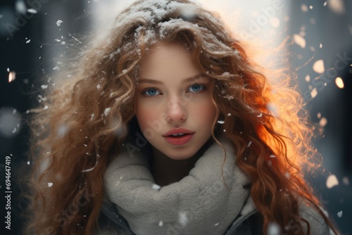Beautiful woman in new year style on the snowing street. Generative AI.