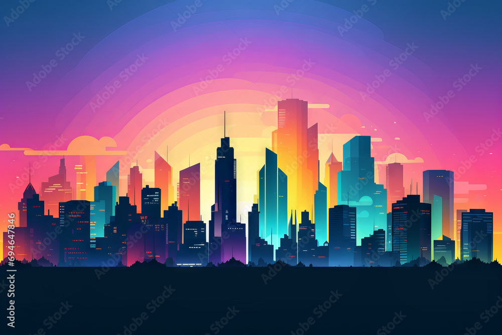 Cartoon illustration of a modern city skyline silhouette in neon colors