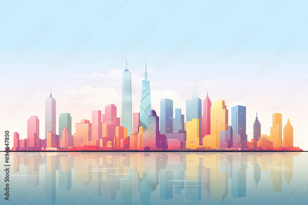 Cartoon illustration of a modern city skyline silhouette, bright colors and light blue background