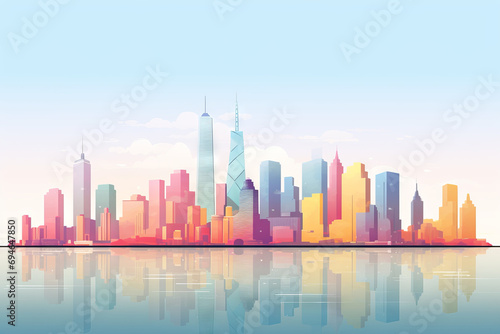 Cartoon illustration of a modern city skyline silhouette  bright colors and light blue background