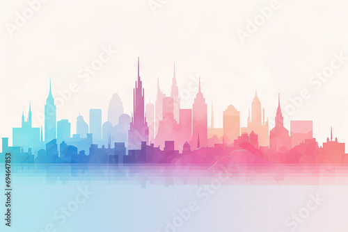 Cartoon illustration of a pastel modern city skyline silhouette
