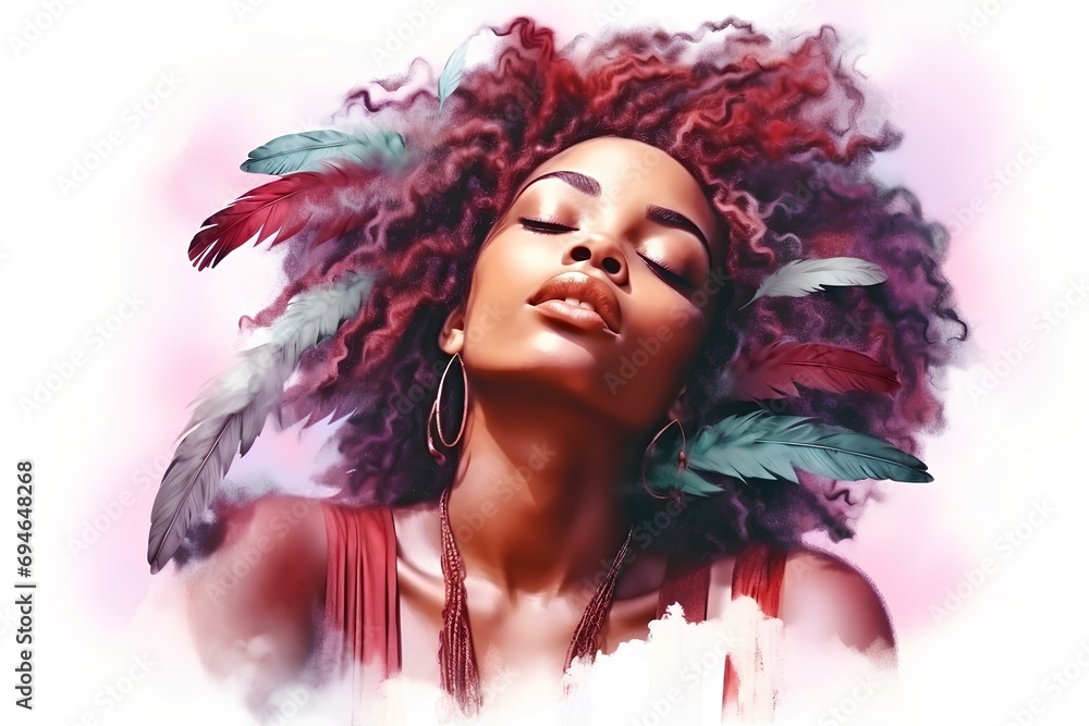 Fototapeta premium eternal dreamy woman with closed eyes, loose messy, peacock feathers, light and shadow on her face, watercolor style, white background. generative AI