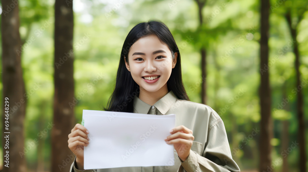 A Portrait of a young Thai woman smiling happily holding a piece of paper with a green recycling sign over a beautiful natural forest background. environment and sustainability, loving the earth. A Portrait of a young Thai woman smiling happily holding a piece of paper with a green recycling sign over a beautiful natural forest background. environment and sustainability, loving the earth.