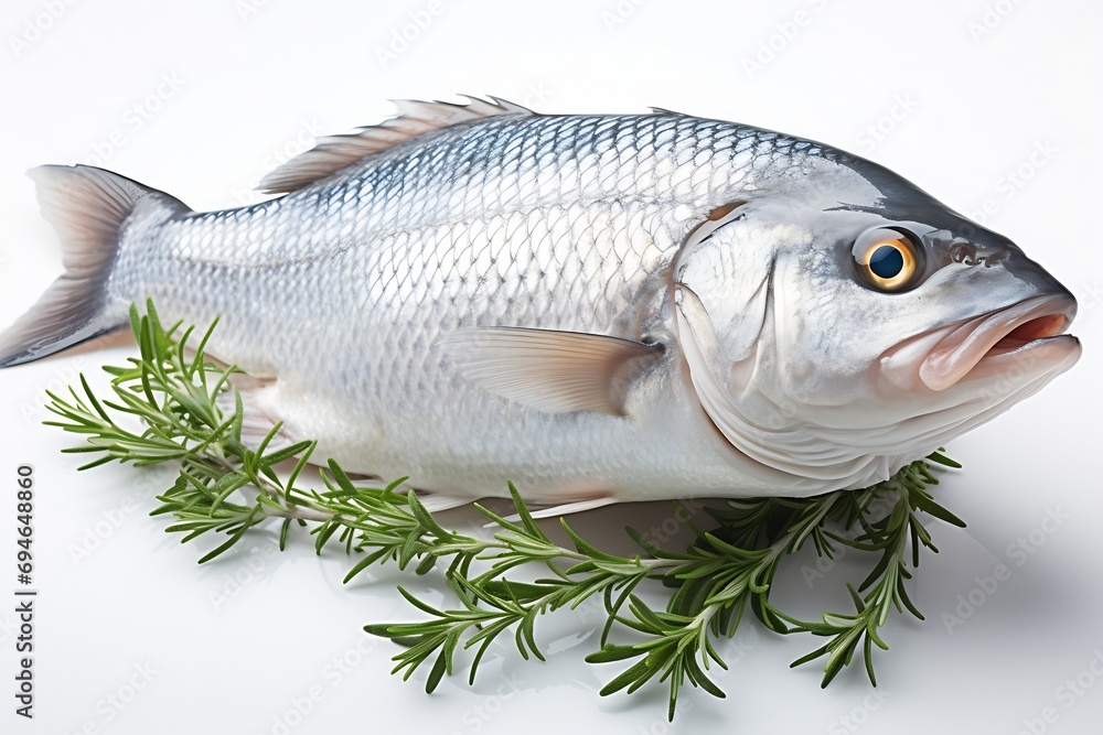 Generative AI : Fresh fish on a white background.