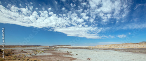 Flat pan eroded desert landscape in Petrified Forest National Park in Arizona United States