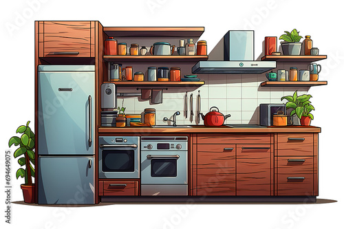 Kitchen interior with table, stove, cupboard, dishes, appliances and fridge. Flat design. isolated on PNG Background. Generative Ai.