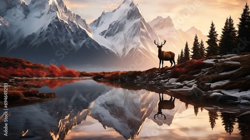 Generative AI : Red Deer stag in the river Carpathian Mountains photo