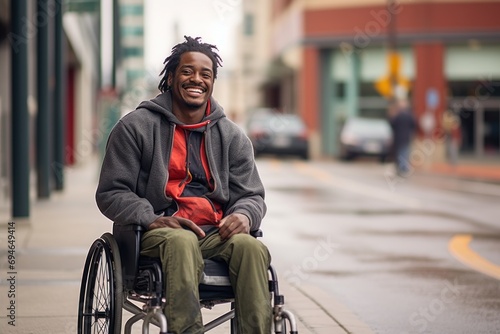 Man on a wheelchair smiling on city street © blvdone