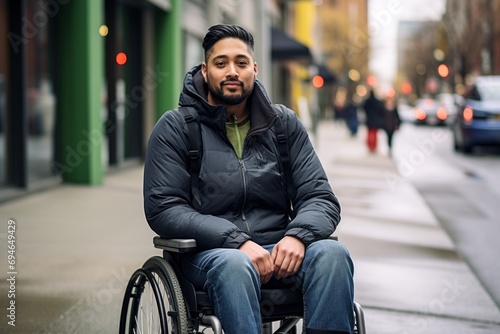 Man on a wheelchair smiling on city street