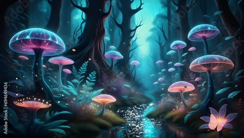 Magical forest world of wonders with luminous mushrooms and tropical plants. photo