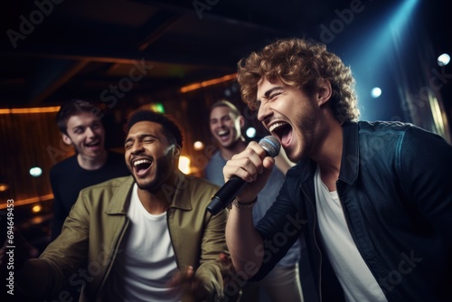Male friends singing karaoke at a bar