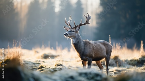 A bull elk in a cold morning meadow at forest. Generative AI.