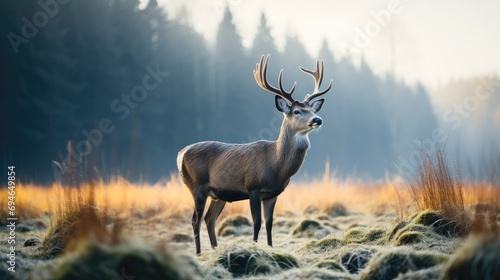 A bull elk in a cold morning meadow at forest. Generative AI. © visoot