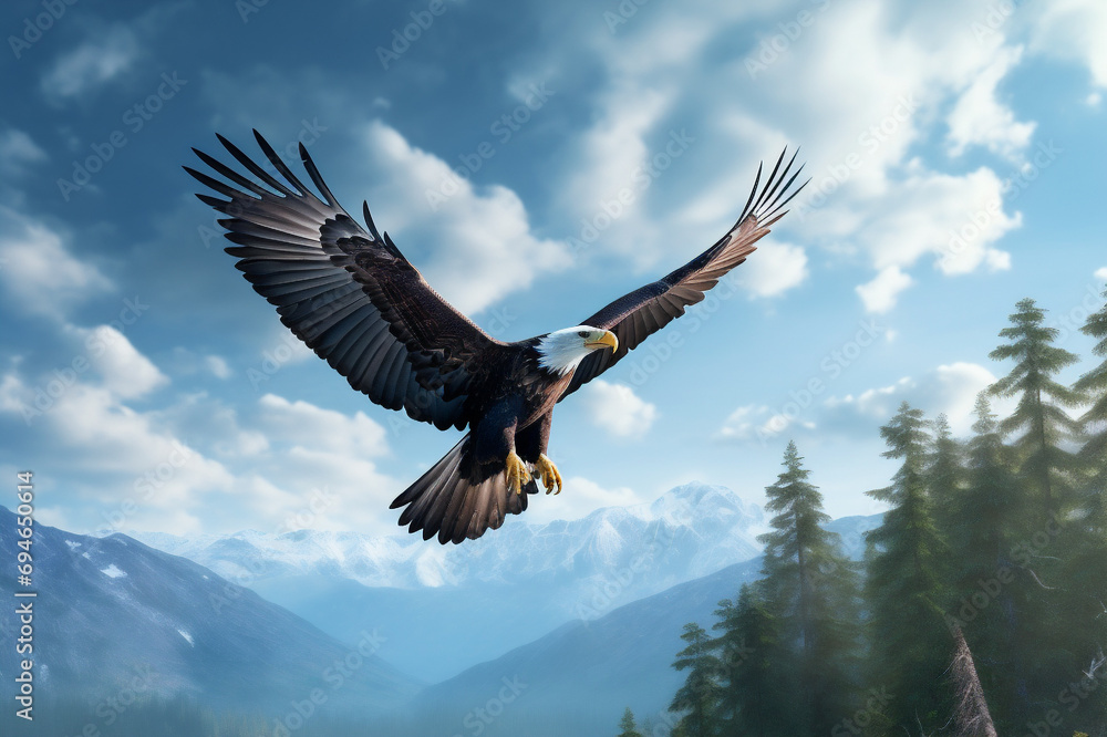 Naklejka premium The eagle is flying, flapping its wings against a blue sky background