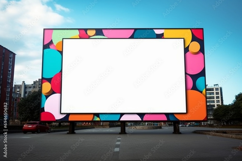 A vibrant, abstract geometric pattern on a blank billboard mockup, perfect for customization. A vibrant, abstract geometric pattern on a blank billboard mockup, perfect for customization.
