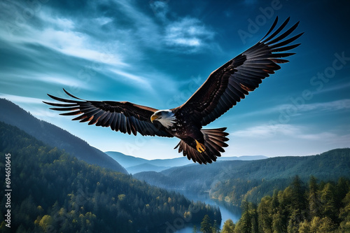 The eagle is flying, flapping its wings against a blue sky background