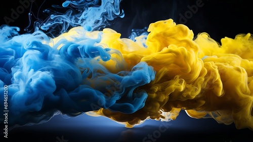 Generative AI : Ukrainian flag performed from color smoke on the white background.