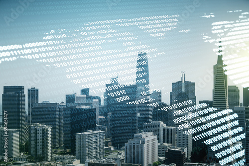 Double exposure of digital map of North America hologram on San Francisco city skyscrapers background, research and strategy concept