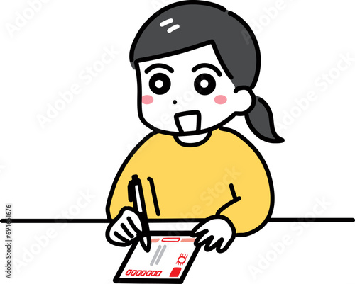 年賀状を書いている私服の若い女性(上半身)