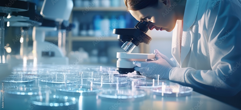 Fototapeta premium Scientist closely analyzing a petri dish under a microscope, symbolizing breakthroughs in biotech.