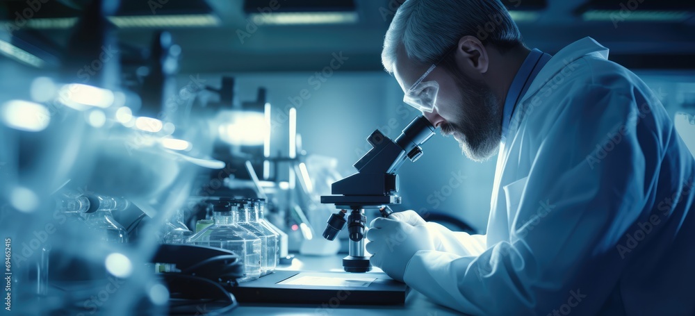 Lab technician studying cells under a microscope, surrounded by cutting-edge medical equipment. Lab technician studying cells under a microscope, surrounded by cutting-edge medical equipment.