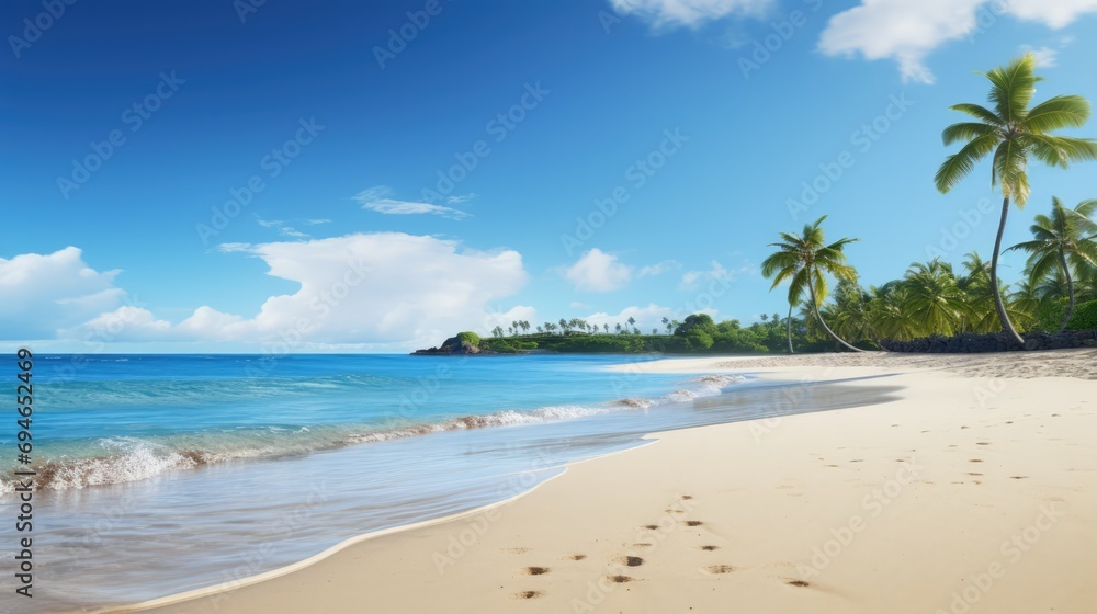 A sandy tropical beach with a distant island on the horizon