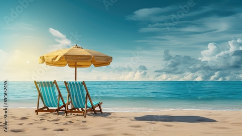 Tropical beach scene with sun loungers and umbrella. Vacation and travel. © Postproduction