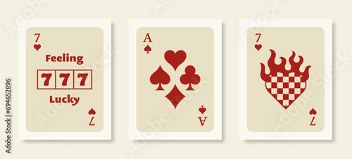 Playing Cards Posters. Retro Wall Art Prints Set with Ace, 777 Slot Machine and Heart. Vector Illustration Collection