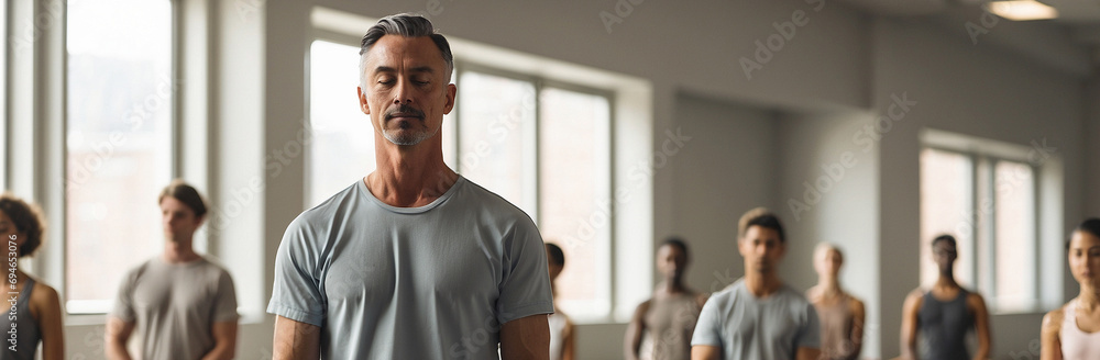 Men doing yoga in class together, group meditation indoor, calm and relaxed men in lotus pose, people in good athletic shape sitting on yoga mat banner - obrazy, fototapety, plakaty 