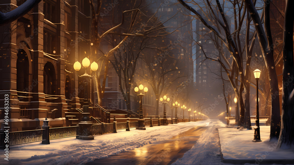 Winter cityscape with softly lit street lamps