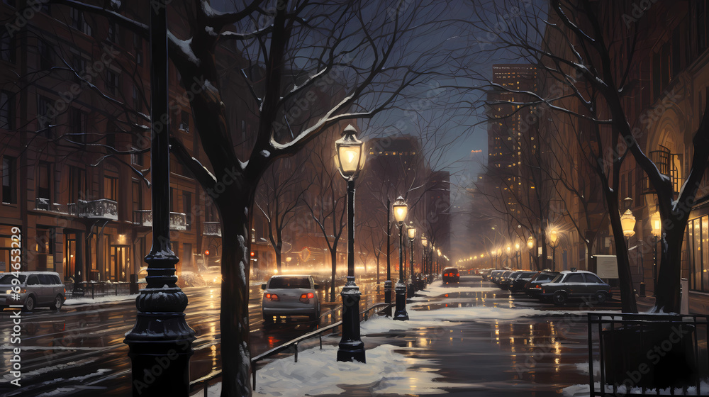 Winter cityscape with softly lit street lamps