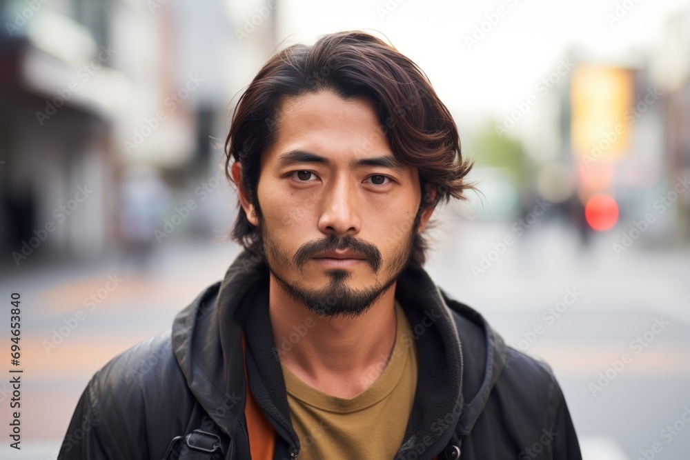 Asian man serious face portrait on city street Asian man serious face portrait on city street