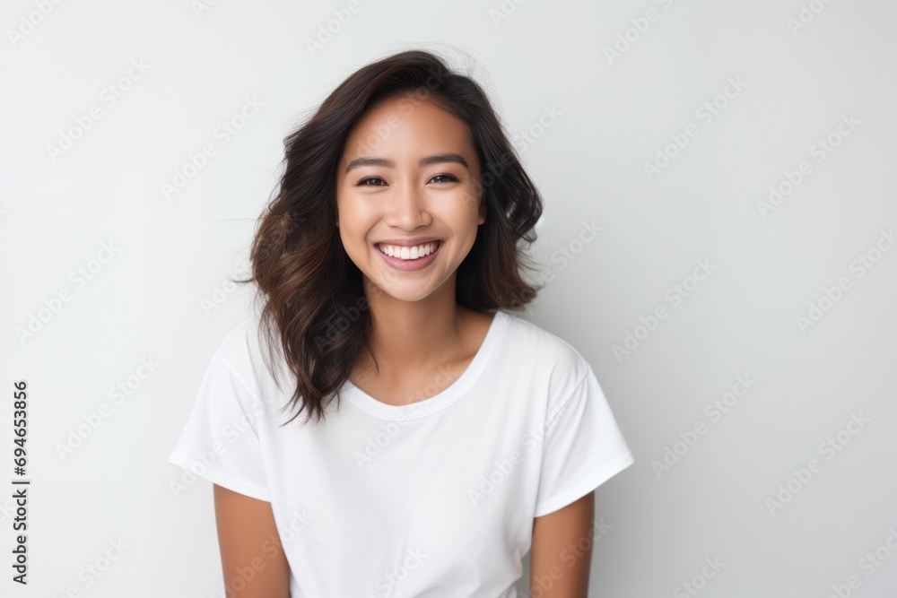 Young Asian woman smiling portrait white background - obrazy, fototapety, plakaty 