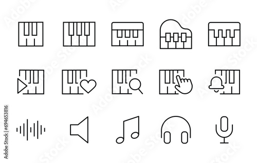 piano icon set. orchestra musical piano instrument music line icons set, editable stroke isolated on white, linear vector outline illustration, symbol logo design style