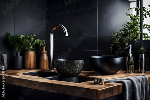 Wooden Countertop with Black Vessel Sink and Faucet