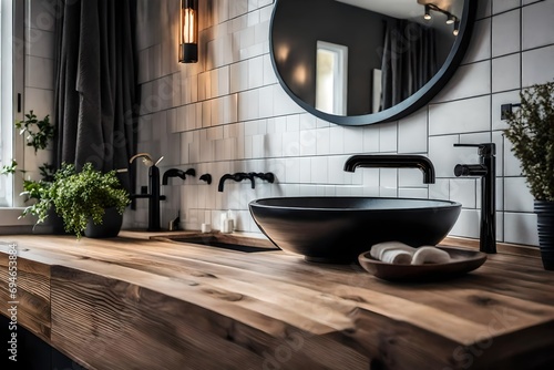 Stylish Vessel Sink and Faucet on Wall-Mounted Wooden Countertop